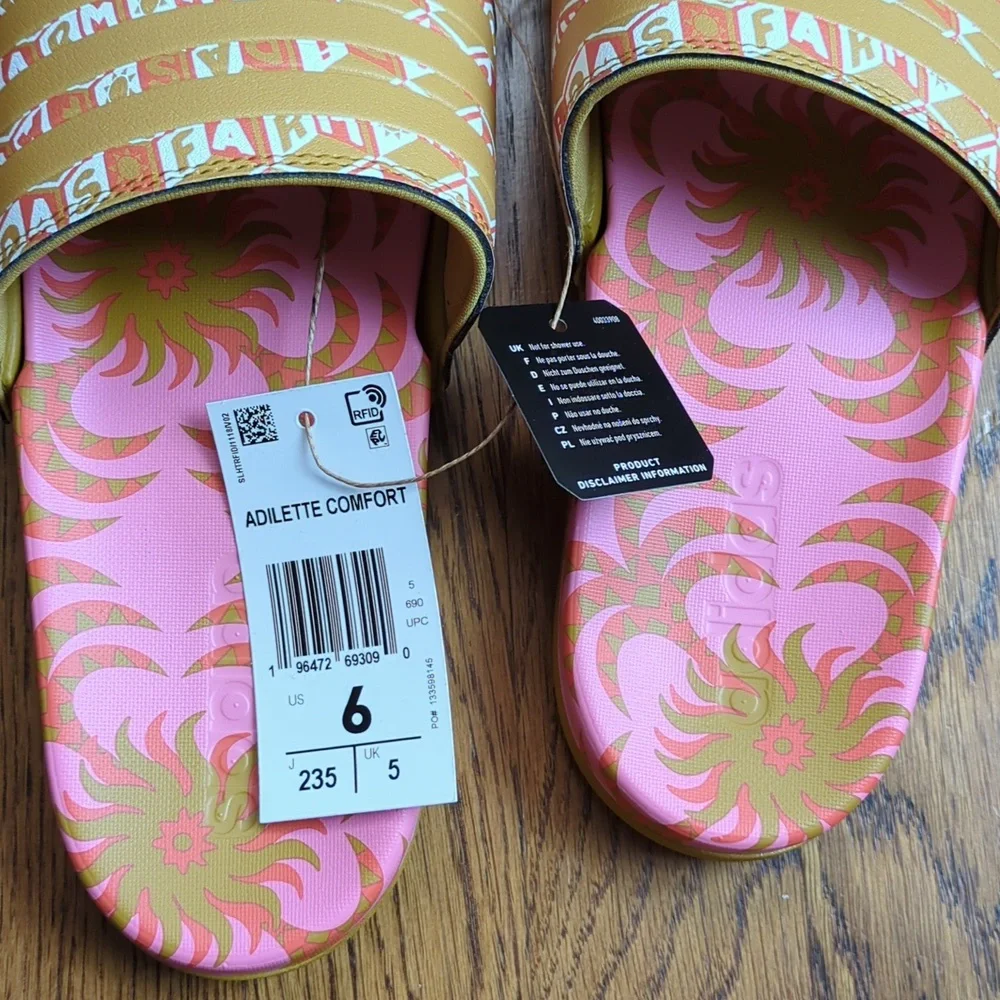 NIB FARM Rio Logo Slide Sandals Adidas Collab Womens Size 6 Pink Abstract Floral